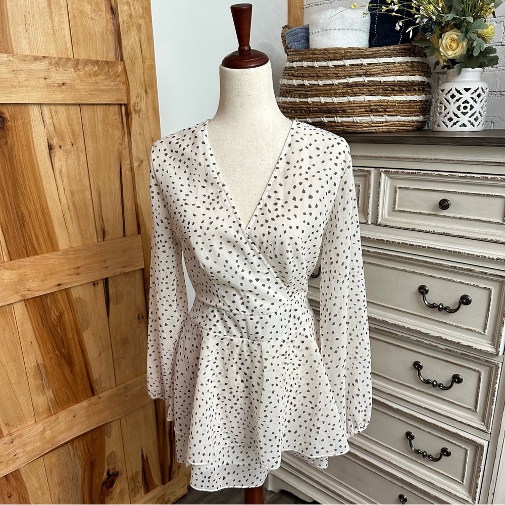 Cream and Brown Long-sleeve Skort Romper